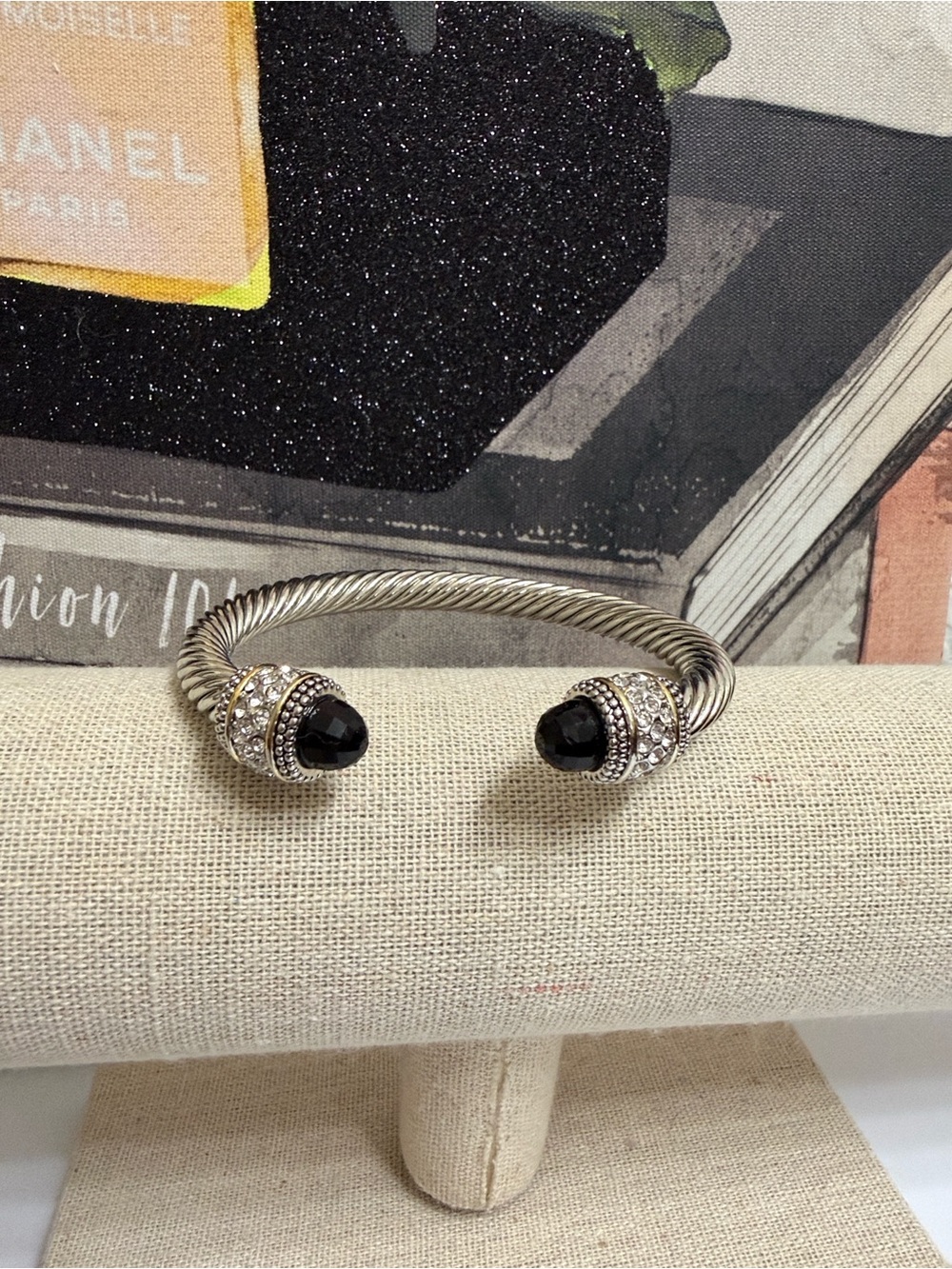 Silver-Tone Open Cuff Bracelet with Black Crystal Ends